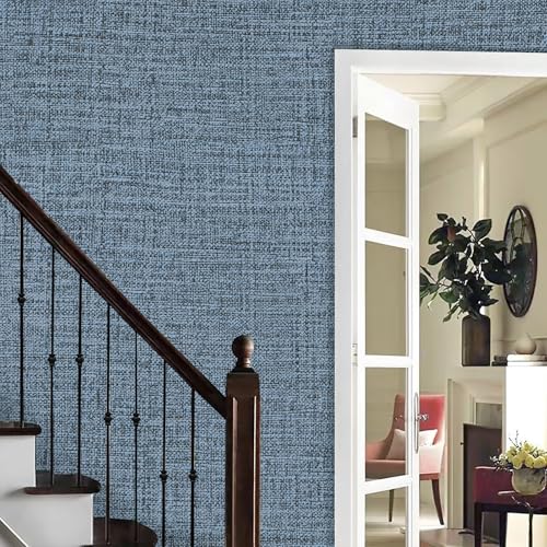 Blue Gray Grasscloth Peel and Stick Wallpaper 17.3"x120" Faux Linen Textured Contact Paper Removable Self Adhesive Vinyl Wallpaper for Bedroom Bathroom Kitchen Cabinets - color: Blue/Gray, size: 17.3" x 120"