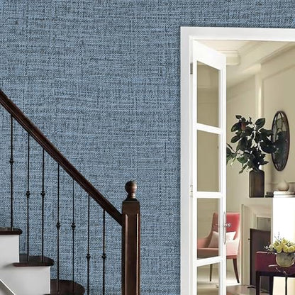 Blue Gray Grasscloth Peel and Stick Wallpaper 17.3"x160" Faux Linen Textured Contact Paper Removable Self Adhesive Vinyl Wallpaper for Bedroom Bathroom Kitchen Cabinets - color: Blue/Gray, size: 17.3" x 160"