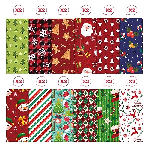 VIVIQUEN 24 Pack Christmas Double-Sided Paper, 12-inches Classic Red Green Textured Scrapbook Paper Xmas Craft Folded Flat for DIY Background Card Making Photo Album Decor