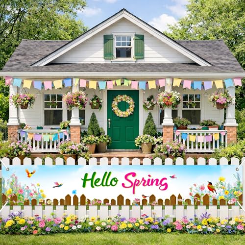 BlissYard Hello Spring Banner 118x20 Inches Outdoor Garden Yard Decoration Front Door Garden Patio Fence Wall Photo Backdrop Spring Outdoor Party Decoration Seasonal Garden Sign Backdrop - color: Spring Decorations Banner #004, size: 118x20 Inch