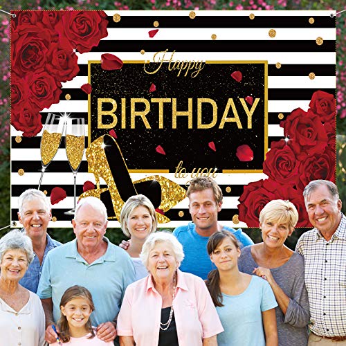 Sumind Happy Birthday Backdrop Red Glitter Roses Party Decor Black White Stripes Banner Gold High Heels Champagne Glass Photography Background for Women Birthday Party Supplies, 72.8 x 43.3 Inch