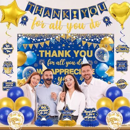 Vlipoeasn We Appreciate You Banner Decorations, Blue Gold Thank You for All You Do Backdrop Banner Honeycomb Centerpieces, Retirement Office Decor Staff Teachers Professors Doctor Nurses Appreciation - style: Bue Gold