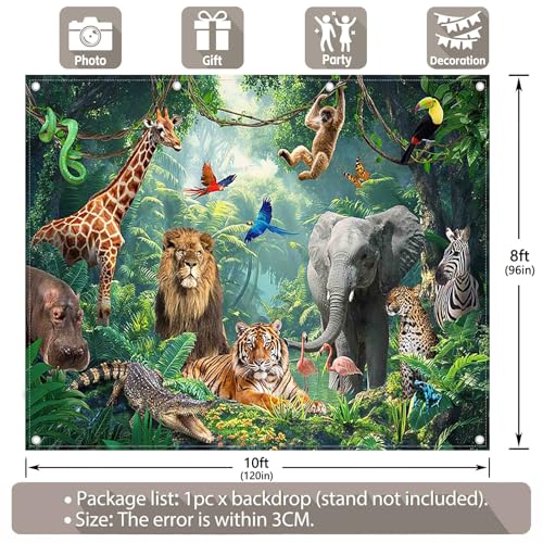 Fabric 10x8ft Jungle Forest Animals Photography Backdrop Tropical Rainforest Safari Background Wild Party Decorations Kids Event Photo Banner Props - size: 10'x8'