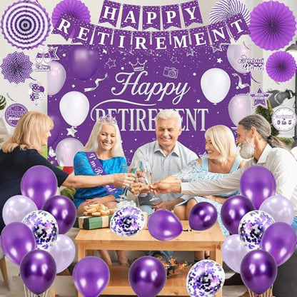 Holkcog Purple Retirement Party Decorations for Women, Silver Purple Happy Retired Banner Backdrop Paper fan Hanging Swirls for Coworker, I'm Retired Sash & Tiara Set, Great for Retiring Women Supply - style: Purple