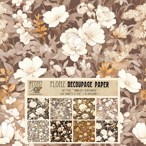 Decoupage Paper Pack (24 Sheets 6"x6") Timeless Elegance: Classic Sepia Floral Patterns with Subtle Tones and Intricate Blossom Designs # Vintage Styled Paper for Craft and Scrapbooking - color: FortyFive