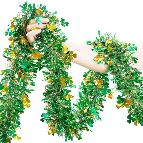 St Patricks Day Garland Decor,50Ft Glitter Tinsel Irish Shamrock Garland Decorations for Tree Mantle Bedroom Office Classroom Party Indoor Outdoor Holiday Home Green Gold - color: Gold