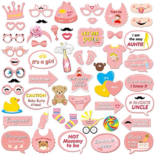 It's a Girl Photo Booth Prop (53Count), Konsait Baby Shower Pink Lovely Baby Bottle Masks Photobooth Props with Sticks for Baby Shower Accessories Newborn Girl Gift Party Favor Supplies Ideas