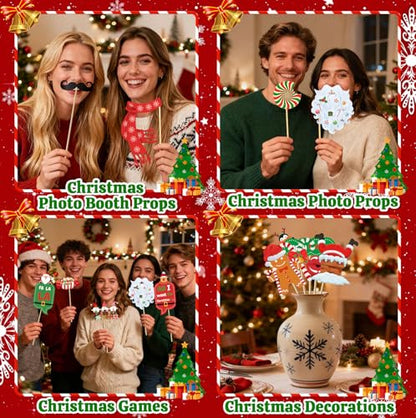 Christmas Photo Booth Props - 36Pcs Christmas Party Decorations Decor & Selfie Accessories, Fun Xmas Party Favors Gifts for Adults, Office Party Supplies