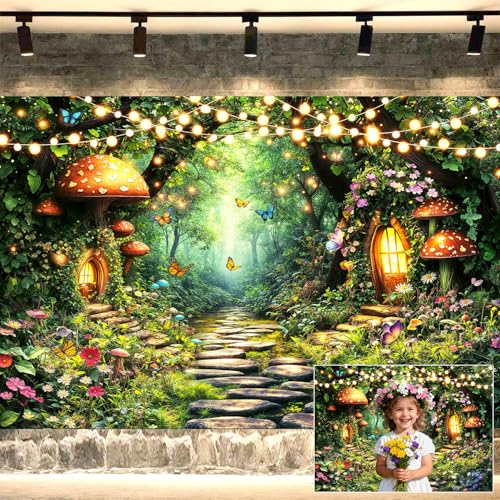 5X3ft Enchanted Forest Backdrop Fairy Tale Magic Garden Mushroom String Lights House Floral Butterfly Photography Background for Kids Boy Girls Birthday Baby Shower Photo Booth Props - color: Multi10, size: 5x3ft