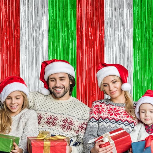 2 Pack Christmas Backdrop, 3.28 FT x 7.05 FT Red Silver Green Party Streamer, Metallic Xmas Backdrop Fringe Curtains Foil Tinsel, Christmas Decorations Wall Decor Photo Booth Props - color: Christmas, size: 2 PCS