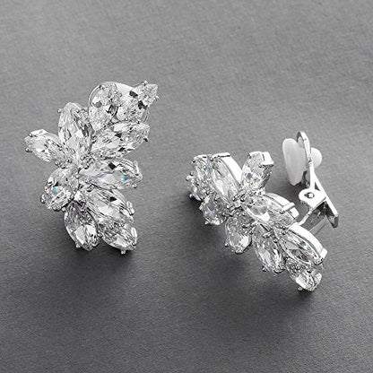 Mariell Clip-On Cubic Zirconia Crystal Bridal Earrings, Marquise Shape CZ Curved Clusters, Women Earrings for Wedding, Bridesmaids, Homecoming, Mother of the Bride - color: Silver Clip On