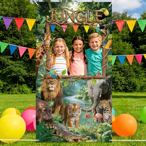 Jungle Animals Backdrop Jungle Party Decorations Safari Photo Backdrop Rain Forest Adventure Scenic Photography Background Banner for Large Wild Animals Party Supplies Wild Rainforest Photo Booth Prop - style: Jungle Animals
