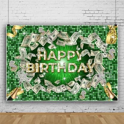 Renaiss 10x8ft Green Money Themed Birthday Backdrop Dollar Bills Birthday Photography Background Champagne Diamonds Luxury Money Casino Billions Theme Bday Party Decorations Photo Booth Props - size: 10x8ft