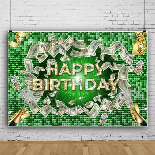 Renaiss 10x7ft Money Birthday Green Backdrop - Champagne Diamonds Dollar Bill Photography Background - Casino Billions Theme Party Decors - Happy Birthday Banner Photo Booth Props - size: 10x7ft