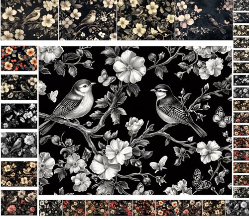 Decoupage Paper Pack (35 Sheets 6"x8") Nocturne Birds: Elegant Birds Perched on Delicate Branches with Dark Floral Patterns, Subtle Vintage Tones and Intricate Golden and White Blossom Details FLONZ - color: Fifteen
