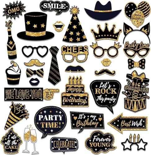 HARZHI Photo Booth Props Kit for Birthday Wedding Party Supplies Carnival Crazy Dance Decor Photobooth Funny Cute Holiday Selfie Supplies Masked Ball (36 Pcs Birthday)