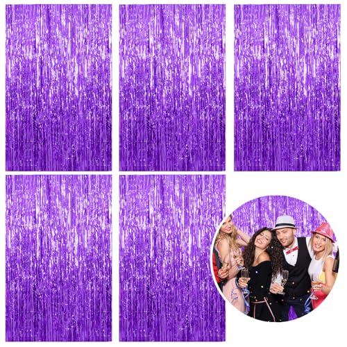 5 Pack Foil Curtain Backdrop Purple Metallic Tinsel Foil Fringe Curtains Photo Booth Props for Birthday Wedding Engagement Baby Shower Bachelorette Christmas Holiday Celebration Party Decorations - color: Purple, size: 5 Pcs