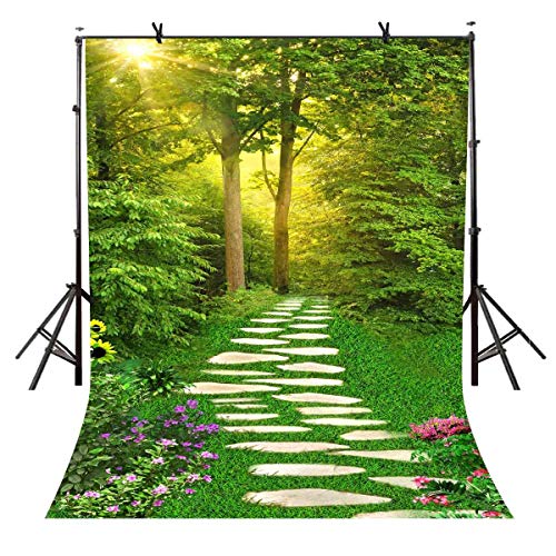 5x7ft Spring Scenery Backdrop Forest Path Sunshine Flower Photography Background Natural Scenery Photo Shoot Props Portrait Pet Photo Photography Backdrop BJLXVV171 - size: 5x7ft