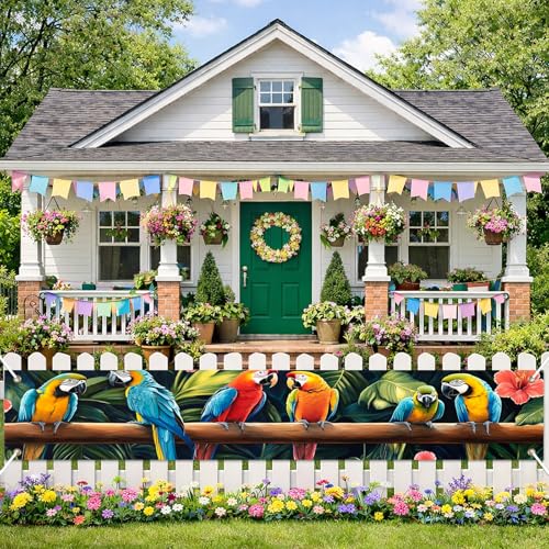 BlissYard Tropical Parrot Banner 118x20 Inches Outdoor Garden Yard Decoration Colorful Macaw Fence Porch Lawn Display Spring Summer Party Decor Patio Backyard Festival Sign Photography Backdrop Decor - color: Spring Decorations Banner #005, size: 118x20 I