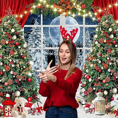 8x8ft Christmas Backdrop Christmas Window Backdrop for Photography Winter Xmas Tree Snow Gift New Year Party Backdrops Xmas Night Family Party Background - size: 8x8ft