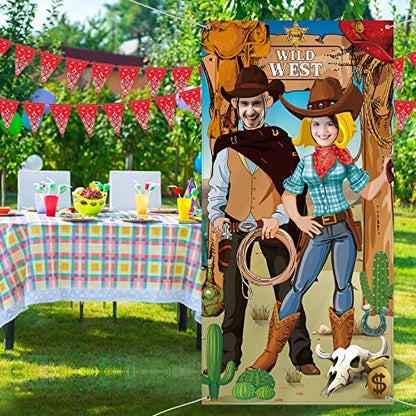 Blulu 6 x 3 ft Western Cowboy Backdrop Party Decorations - Wild West Rodeo Photo Booth Props Background & Door Banner with Funny Supplies for Birthday, Cowboy Theme Events Rustic Poster