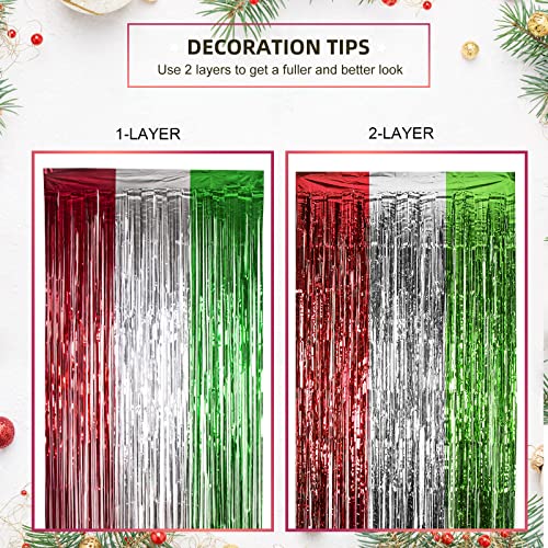 LOLStar 3 Pack Christmas Party Decorations 3.3 x 6.6ft Foil Fringe Curtains Red Silver Green Tinsel Metallic Photobooth Props Backdrop Streamers for Christmas in July, New Year, Ugly Sweater Party - size: 3 PACK