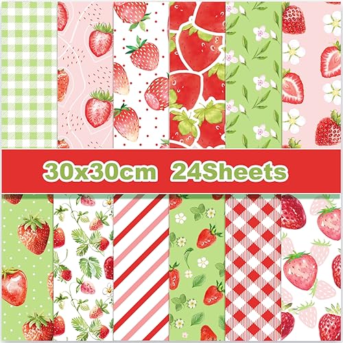 Strawberry Striped Plaid Scrapbook Paper,24 Sheets 12 x12 inch Double-Sided Printing Decorative Craft Patterned Paper Pad for Card Making Background Art Album Collage Aesthetic Room - color: Strawberry Striped Plaid
