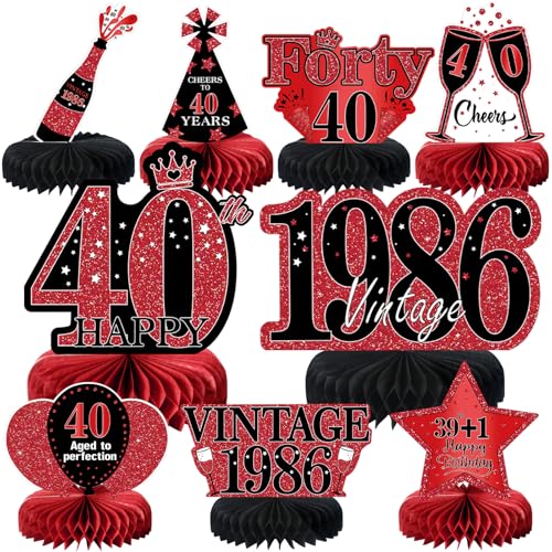 9Pcs 40th Birthday Decorations Red and Black 40th Birthday Party Decorations for Women,Happy 40 Years Vintage 1986 Aged Honeycomb Centerpieces Table Sign Decor Supplies - color: Red Black 40th