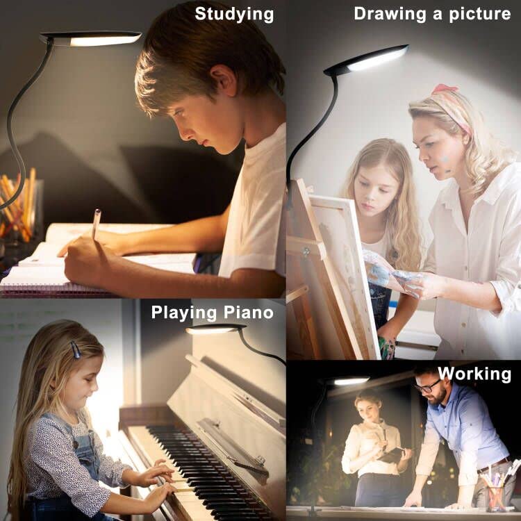 LiFMIRA Clip on Lamp USB Reading Light 3 Color Modes 3000-6000K and 10 Brightness 8W 40 LED Flexible Gooseneck Desk Light Clip on Lamp for Desk Eye Caring Bed Lamp for Headboard (No Plug) - color: Matt Black