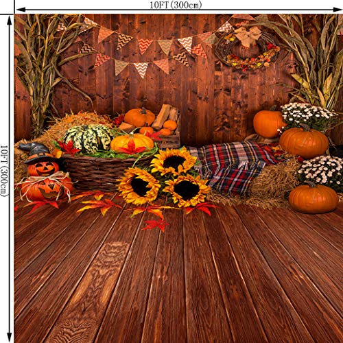 10X10FT Fall Thanksgiving Wooden Floor Barn Autumn Pumpkins Maple Leaves Sunflower Baby Portrait Party Halloween Decoration Vinyl Photography Backdrop Photo Booth Background Studio Prop TP295C - size: 10'x10'