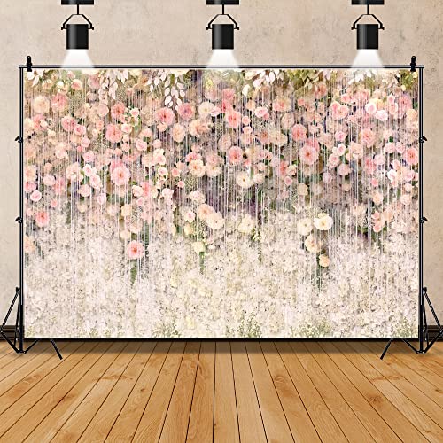 Bridal Shower Floral Wedding Backdrop 10x8ft Vinyl Pink and White Flower Wall Background for Photography Ceremony Anniversary Dessert Table Reception Decorations Banner Studio Photoshoot Props