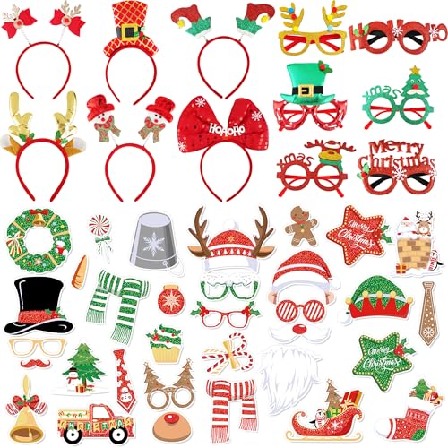 Qenk 45 PCS Christmas Photo Booth Props with Headbands Glasses Frames for Women Adults Christmas Party Supplies, DIY Photography Props Decorations Accessories