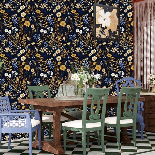 Black Floral Peel and Stick Wallpaper Vintage Gold Leaf Contact Paper Blue Flower Wall Mural Home Vinyl Waterproof Self Adhesive Removable Renter Friendly Wall Paper 17.5" x 118" - color: Blue/Black, size: 17.5" x 118"