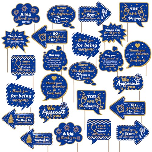 24 Pcs Teacher Staff Volunteer We Appreciate You Decorations Photo Booth Props Appreciation Decor Blue and Gold Thank You Sign Photo Props for Teacher Nurse Employee Coworker Appreciation - color: Blue