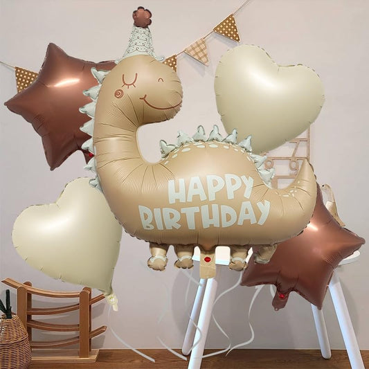 35''Nude Dinosaur Birthday Balloons &18''Brown Star Cream White Heart Foil Helium Balloon for Baby Shower Birthday Girl Boys Kids Dinosaur Theme Vintage Party Decorations Supplies 5Pcs - color: Dinosaur Set