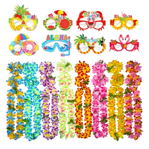 GoodUping 32pcs Hawaiian Leis Party Set with 8 Necklaces, 16 Wristbands, 8 Photo Booth Glasses for Tropical Luau, Summer Beach Birthday, Pool Party Decorations & Favors - size: 32pcs