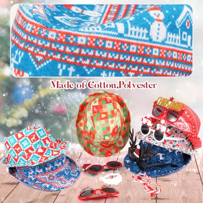 NICOWARM 12pcs Christmas Photo Booth Prop, 6pcs Fedora Hats, 6pcs Party Sunglasses for Adult, Teen, Ugly Sweater Hat, Funny Glasses, Merry Xmas Carnival Party Costume Prop