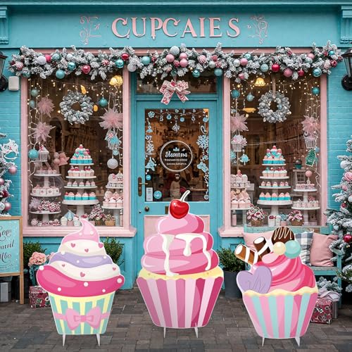 Soulchen 3 Pcs 24 Inch Large Cupcake Cardboard Cutout Photo Props Stand up Candy Land Party Decorations Cupcake Backdrop Yard Signs Christmas Candyland Party Supplies for Birthday Baby Shower - style: Cupcakes Party