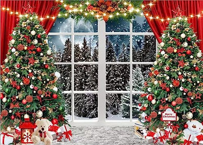 7x5ft Christmas Window Photography Backdrop Winter Merry Xmas Tree Background Night Snow Party Decoration Holiday Photo Banner Props - size: 7x5ft