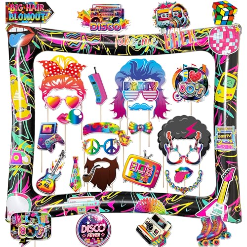 80s Inflatable Photo Frame & Props, 30Pcs Back to The 80s Photo Booth Props with Inflatable Selfie Picture Frame for 1980s Throwback Birthday Party Supplies - color: 80s