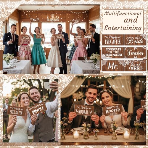 24 Designs Rustic Wedding Photo Booth Props Double Sided 11.02 x 5.51'' Photo Booth Props Wood Lace Country Bridal Shower Bachelorette Party Waterproof DIY Selfie Signs PVC for Wedding Party Reception - color: Wood, style: Lace Wedding