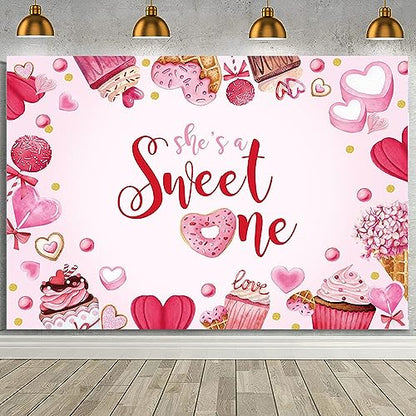 MEHOFOND Valentines 1st Birthday Backdrop for Girl - She's A Sweet One Heart Banner Photo Studio Props Background 7x5ft - color: Pink, size: 7x5ft