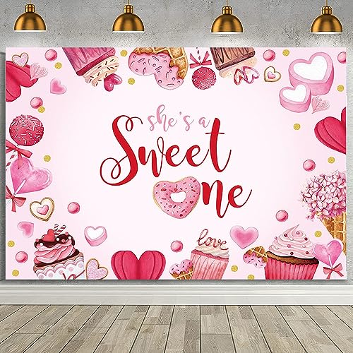 MEHOFOND Valentines 1st Birthday Backdrop for Girl - She's A Sweet One Heart Banner Photo Studio Props Background 7x5ft - color: Pink, size: 7x5ft