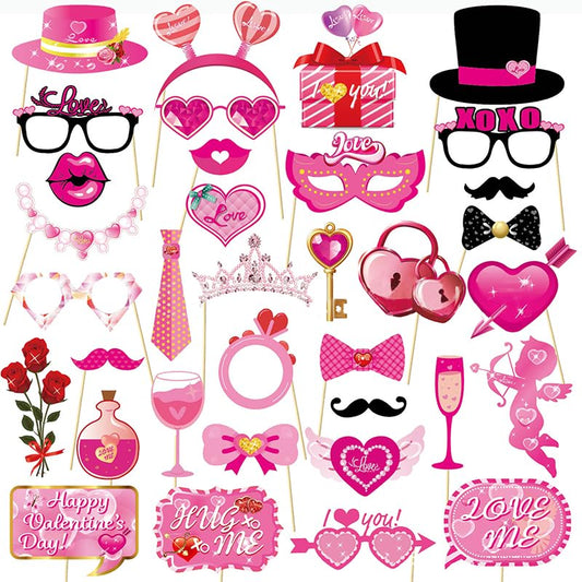 35Pack Valentines Day Photobooth Props Happy Lovers Selfie Photobooth Props Valentine Creative Funny Backdrop Decorations for Valentine's Party Romantic Love Bridal Shower Wedding Supplies - color: Pink