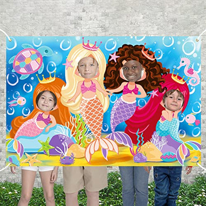 Mermaid Backdrop 5 x 3.3 ft, Mermaid Face in Hole Party Selfie Photo Prop, Mermaid Birthday Photography Background, Under The Sea Party Decoration Photo Booth Props Multicolor