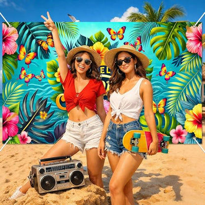 HOMETITUTE Hello Summer Banner 71 x 43 inch Summer Hawaiian Party Decorations Flower Butterfly Summer Outdoor Decorations Supplies Backdrop Tropical Beach Hawaiian Party Themed Photo Booth Props