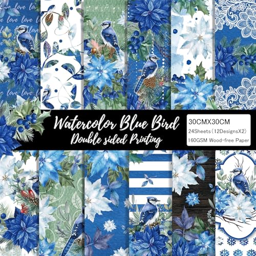 Blue Floral Scrapbook Paper 12x12 Double Sided - 24 Sheets Watercolor Flower Printing Decorative Craft Scrapbooking Paper Pad Junk Journal Supplies for Card Making Background Art Cottagecore Album - color: Watercolor Blue Bird
