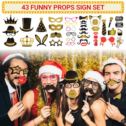 Premium Gold Photo Booth Props Set, Luxury Black & Gold Party Photo Booth Props Kit Accessories, Funny Hats and Glasses, Golden Wig, Inflatable for Graduation, Birthday, Wedding & Bachelorette
