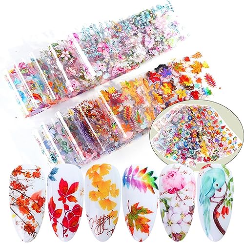 Maple Leaf Nail Foil Transfer Sticker Decals Fall Flowers Nail Art Foil Decals Holographic Autumn Lavender Designs Nail Art Supplies for Thanksgiving Day Women Nail Decorations Films 10 Sheets - style: Maple Leaf