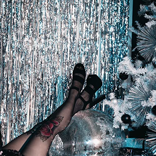 5 Pack Silver Fringe Backdrop 3.2ft x 8.2ft Silver Foil Fringe Curtains Party Tinsel Curtain Backdrop Streamers for Birthday Party Decoration Wedding Christmas Decoration (Silver) - color: Silver